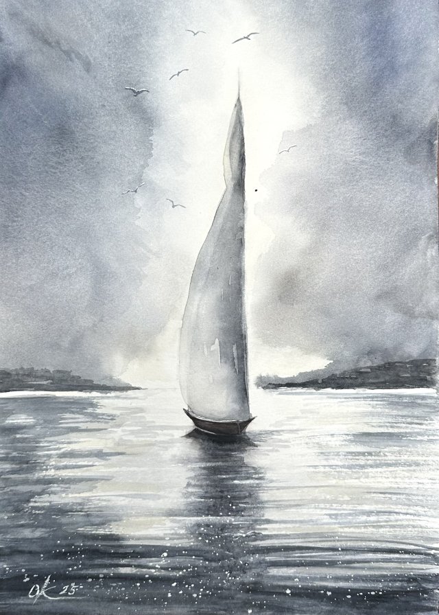 Żaglówka na morzu. Akwarela 42*30 cm
