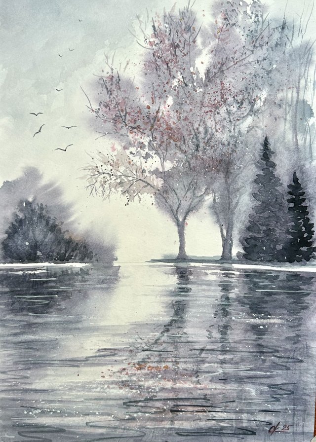 Odbicie w jeziorze. 42x30cm Original Akwarela A3