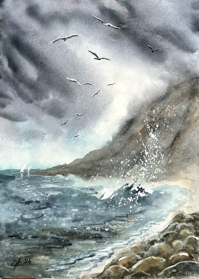 Wybrzeże morskie Original Akwarela 42x30cm