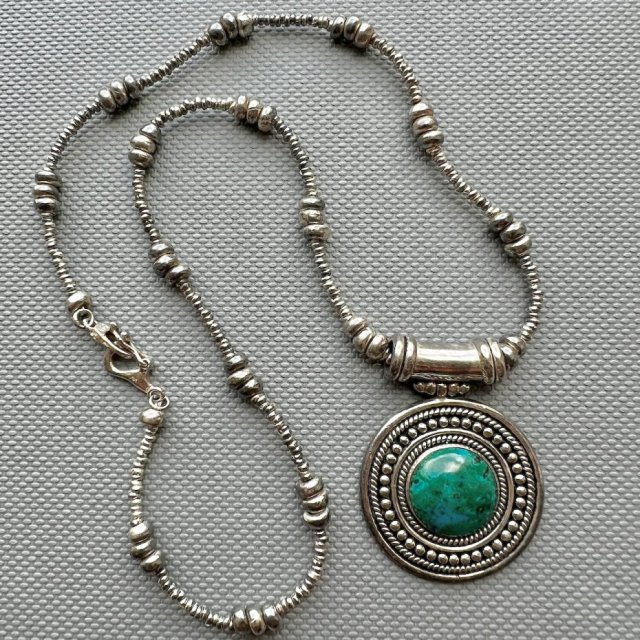 Vintage Navajo Green Turquoise Sterling Silver Necklace ❀ڿڰۣ❀ Srebro i Turkus Ręczna praca