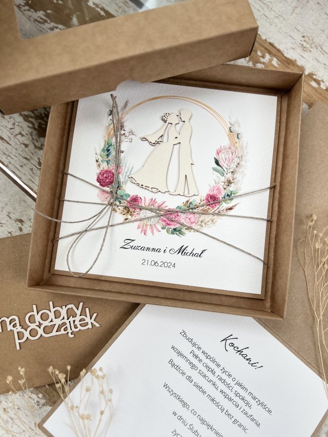Ręcznie robiona kartka personalizowana na ślub z pudełkiem i kopertą na pieniądze