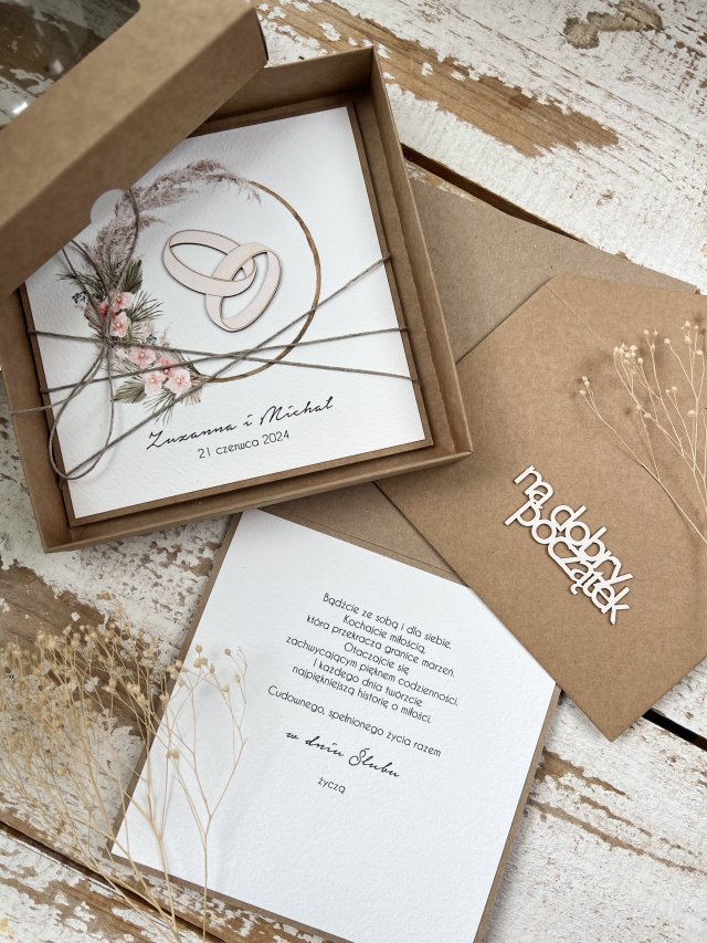 Ręcznie robiona kartka personalizowana na ślub z pudełkiem i kopertą na pieniądze
