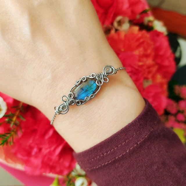 Bransoletka Labradoryt stal chirurgiczna handmade wirewrapping