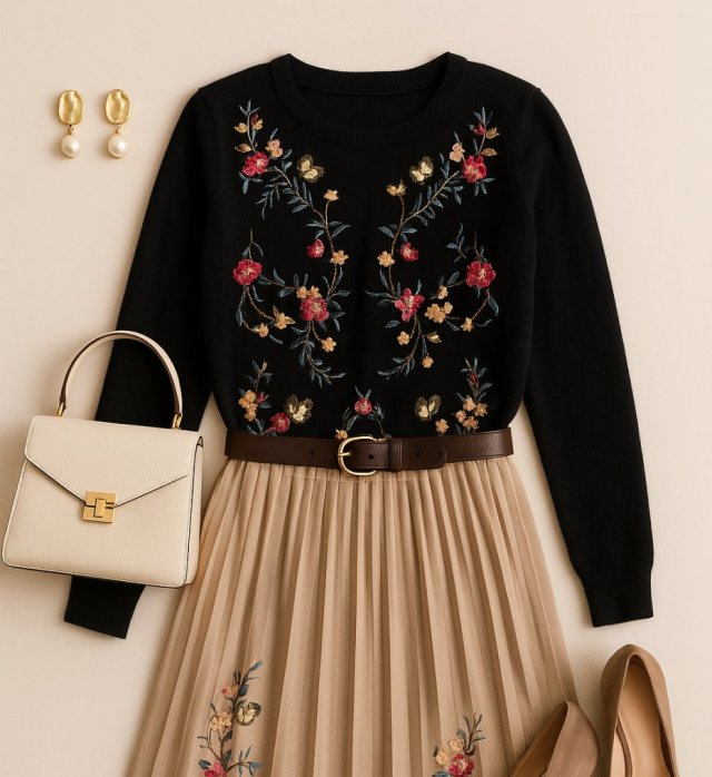 Vintage Sweter z Haftem i Aplikacjami | Wełna wiskoza | Rozmiar S Folk Old money