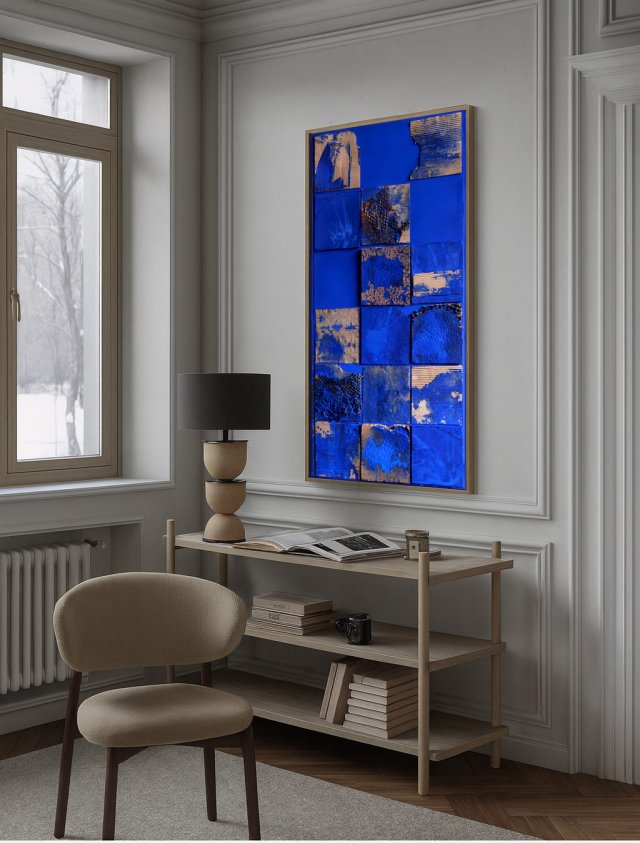 Obraz abstrakcyjny niebieski – fakturalna kompozycja z papieru i płótna 60x120 cm
