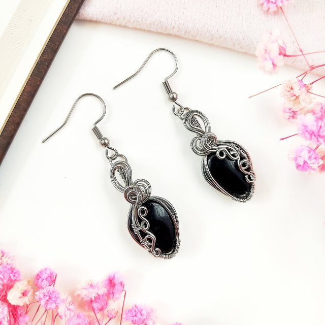 Kolczyki Onyks stal chirurgiczna handmade wirewrapping