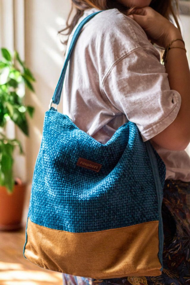 Turkusowo-miodowa boho bag z weluru