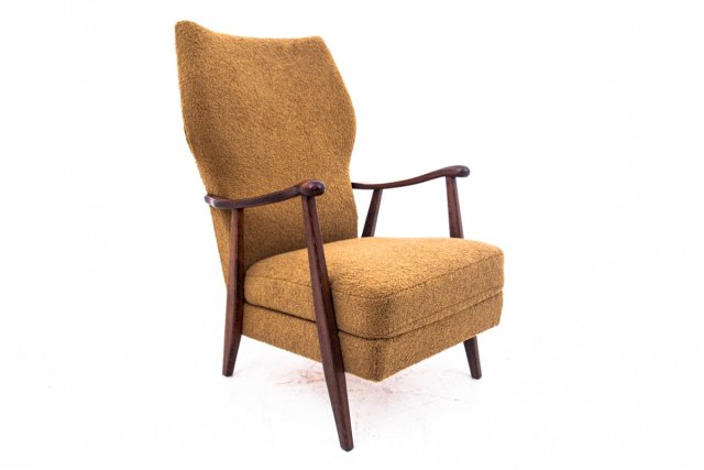 Żółty fotel vintage z tkaniny bouclé, Dania, lata 60. Po renowacji.