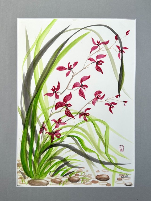 Wdzięk orchidei.42*30 cm japońskie malarstwo sumi-e. Original Akwarela