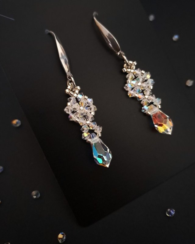 Delikatne Wiszące Kolczyki Ślubne - Koraliki Miyuki Delica i Kryształki Preciosa Crystal AB