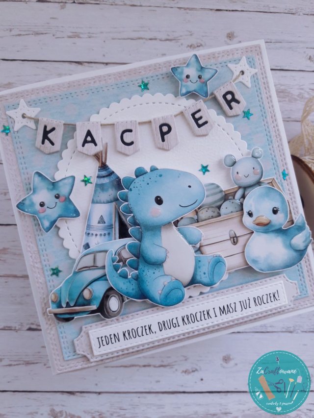 Kartka na roczek dla chłopczyka z dinozaurem, personalizacja
