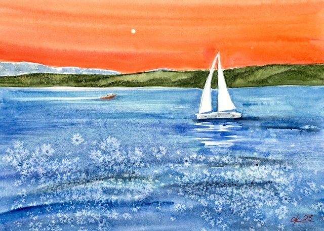 Gorące niebo Chorwacji 30/40cm. Original Akwarela A3