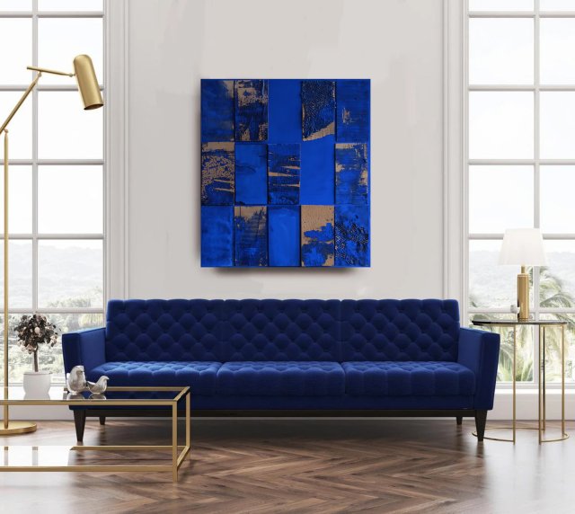 Abstrakcyjny obraz na płótnie – ultramaryna i tektura – akryl i papier, 90 x 100 cm