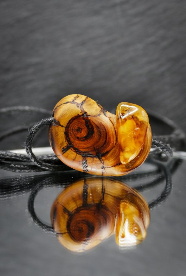 Wisiorek "Bursztynowy ślimak" –żywioł ognia i bursztynowego światła,octowiec, pirografia, prezent; Amber and Wood Pendant, biżuteria