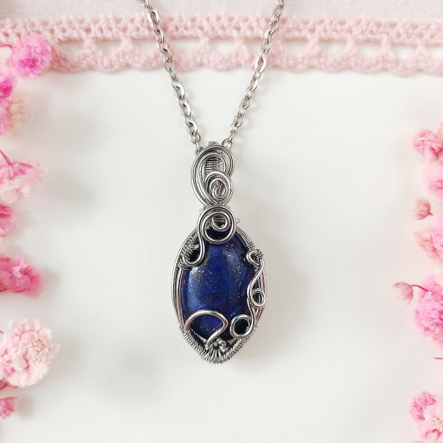 Naszyjnik Lapis Lazuli stal chirurgiczna wisiorek handmade wirewrapping