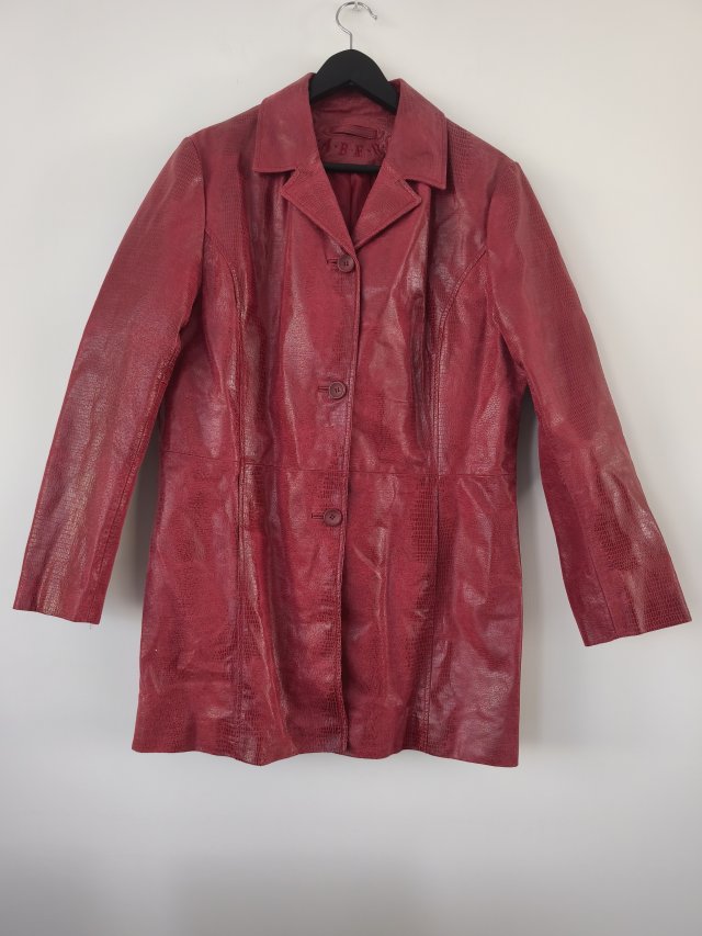 Czerwony płaszcz vintage Raberg skóra naturalna retro lata 90