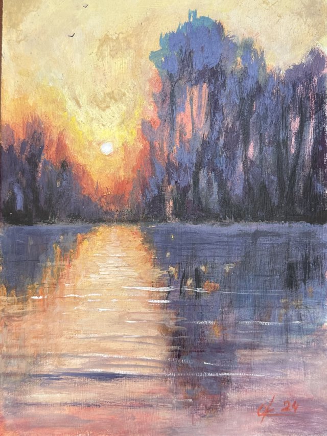 Jasny zachód słońca, akryl, tekturze, 30*21 cm