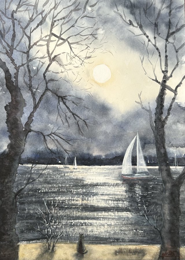 Kot i jachty. Akwarela 42*30 cm