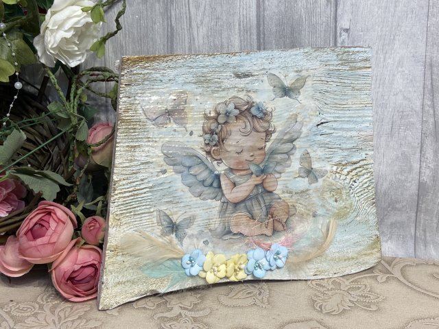 Anioł stróż na desce, obraz decoupage, prezent pod choinkę