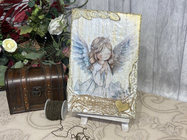 Anioł stróż na desce, obraz decoupage, prezent pod choinkę