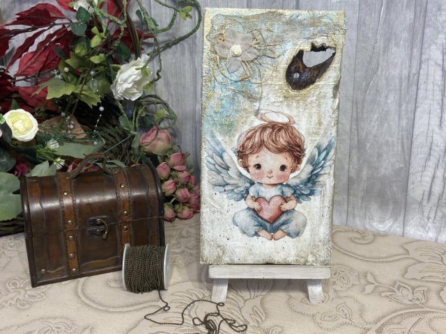 Anioł stróż na desce, obraz decoupage, prezent pod choinkę