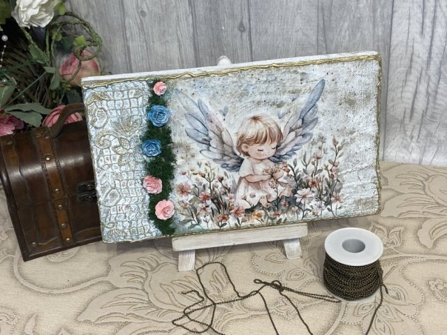 Anioł stróż na desce, obraz decoupage, prezent pod choinkę