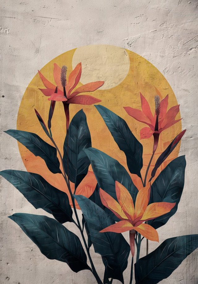 Plakat - 50x70 cm - Kwiaty na tle słońca (2-0746)