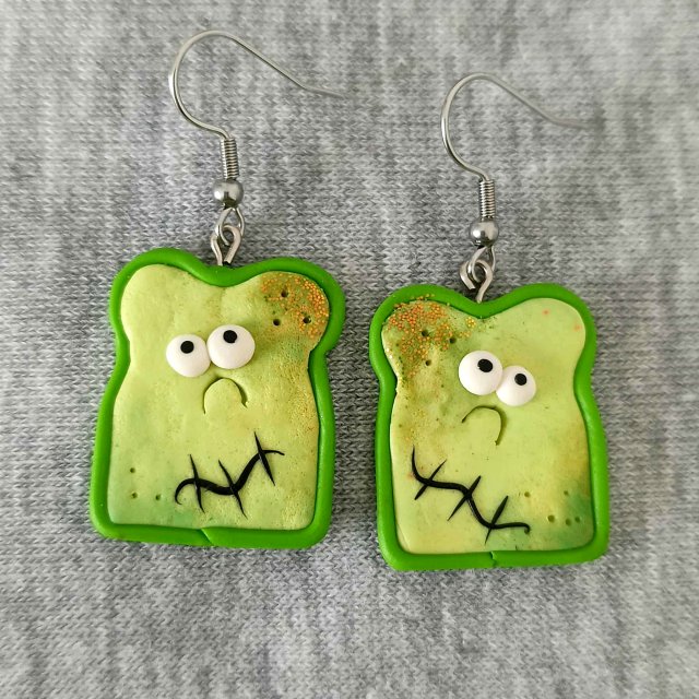Kolczyki na halloween, Kolczyki Kanapki, Kolczyki Spleśniały Chleb, Zielony Chleb
