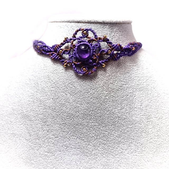 SPINOSA z ametystem naturalnym w makramie ażurowy naszyjnik choker pleciony