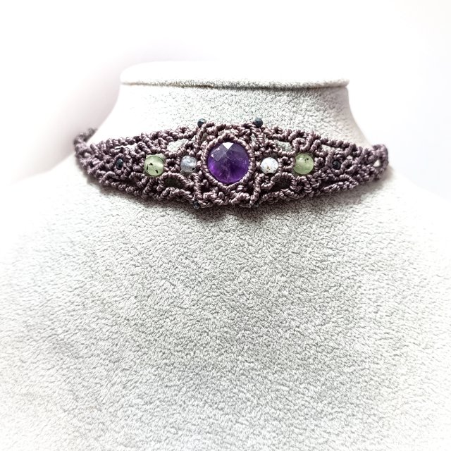 BONA ametyst i kamień księżycowy w makramie choker pleciony boho chic