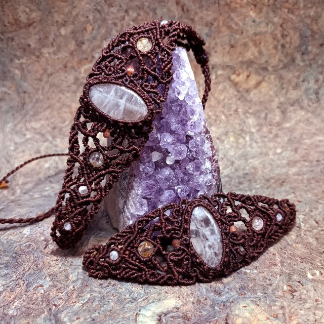 MAKAO agat i cytryn w makramie choker i bransoletka z kamieniami naturalnymi