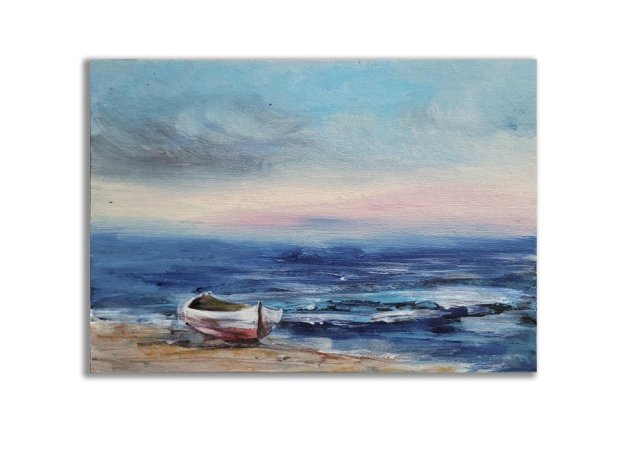 Obraz ręcznie malowany "Morze" łódka+ rama
