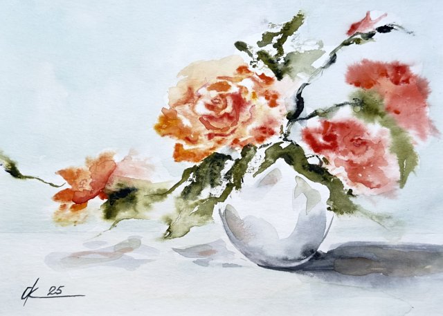 Pomarańczowe róże Original Akwarela A4