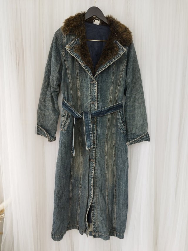 Vintage płaszcz przeciwdeszczowy długo jeans denim sztuczne futro 40 L