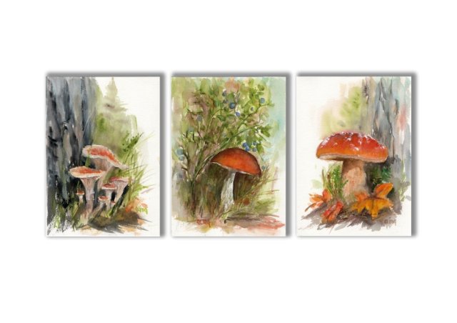 Akwarele ręcznie malowane oprawione "Grzybki" zestaw 3szt