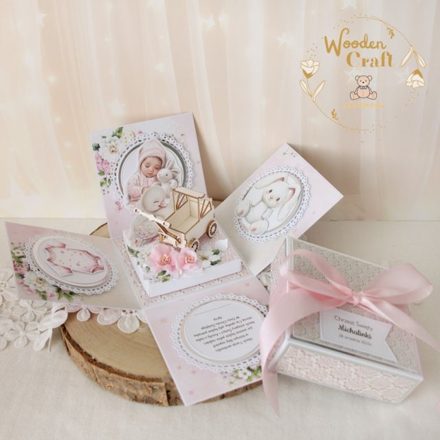Exploding box na chrzest, roczek, narodziny "BabyRose" GOTOWY