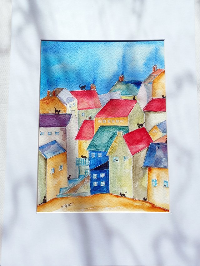 Akwarela w białym passe-partou Domki 30*21 cm