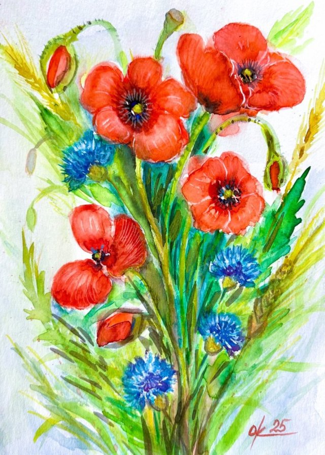 Maki i chabry Original Akwarela A4