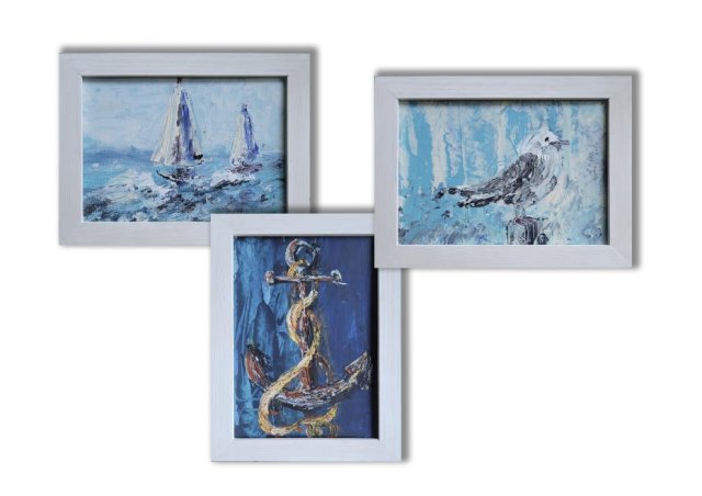 Obraz ręcznie malowany mewa żaglówki morze + rama zestaw 3 szt