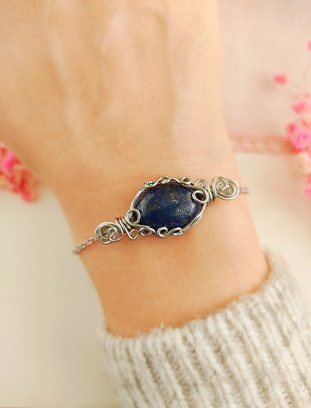 Bransoletka Lapis Lazuli stal chirurgiczna handmade wirewrapping