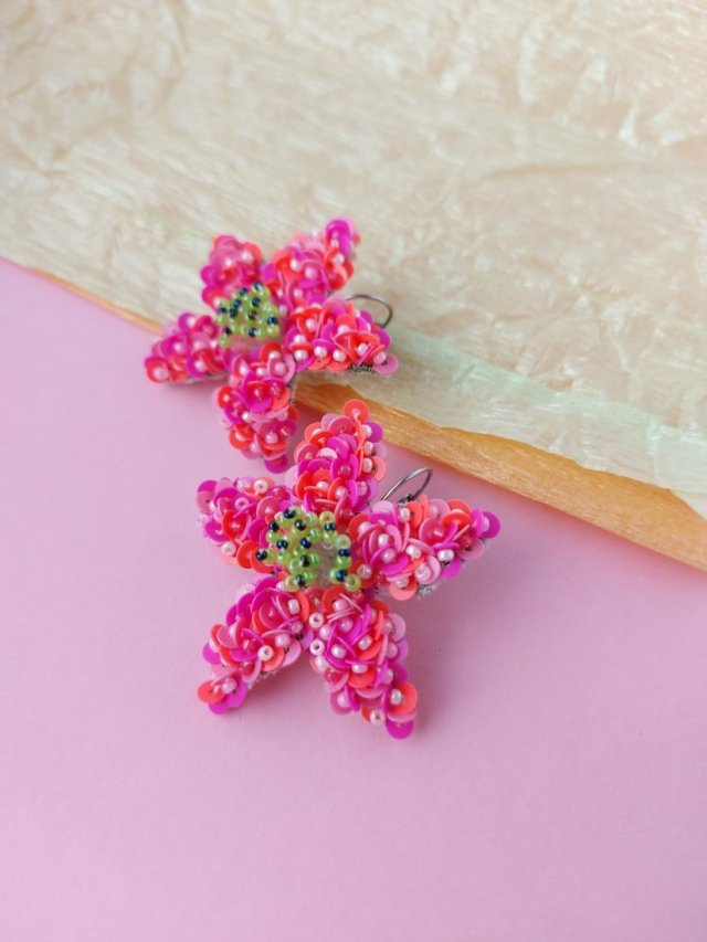 Duże kolczyki Różowe Kwiaty ręczny haft