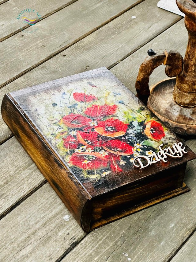 Kufer w kształcie książki, prezent dla miłośnika czytania, maki, dekoracja, na biżuterię