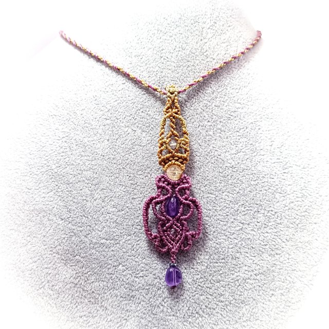 Lira Ametyst i Cytryn w makramie naszyjnik pleciony kamienie naturalne