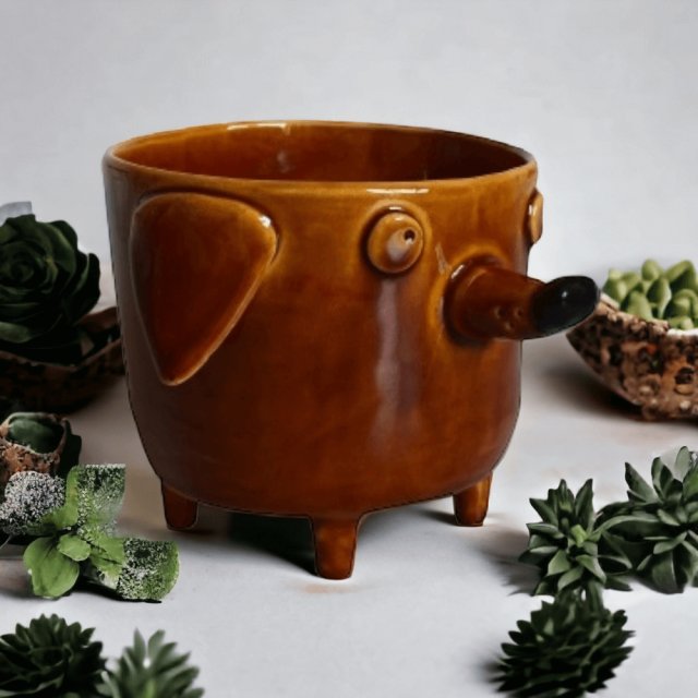 Brązowa doniczka ceramiczna pies Azorek - osłonka na prezent - Rękodzieło – Lamabo