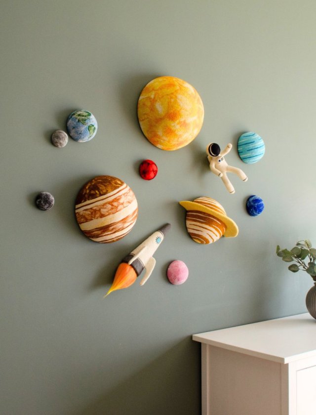 Duży zestaw 3D planet układu słonecznego z rakietą, astronautą i księżycem • Dekoracja pod sufit i na ścianę do pokoju dziecka