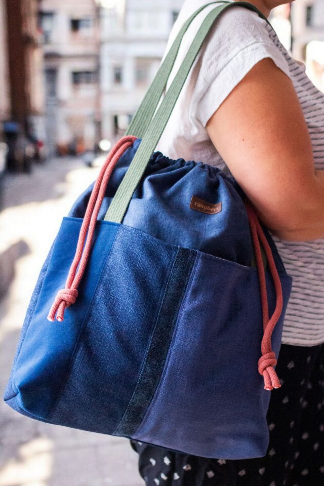 Duża granatowa torba z kominem patchwork