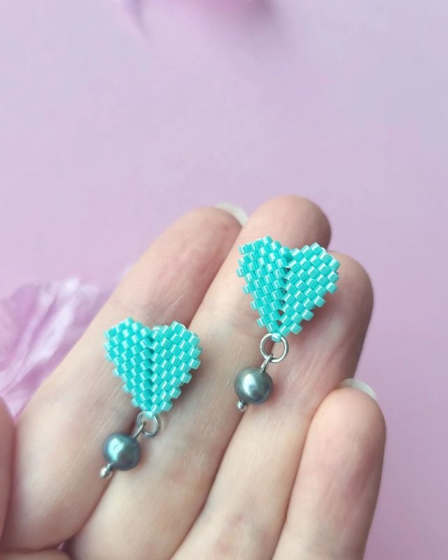 Kolczyki Serduszka z Perełką Turkusowe
