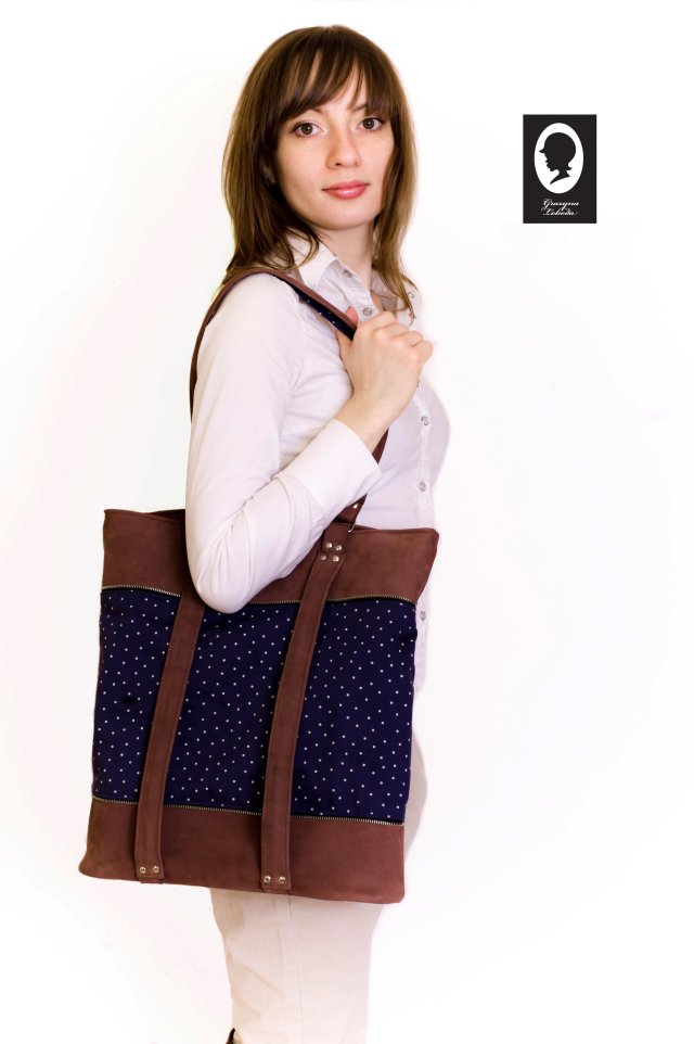 "Z ZAMKAMI"  -   torebka z tkaniny BAWEŁNIANEJ i SKÓRY naturalnej