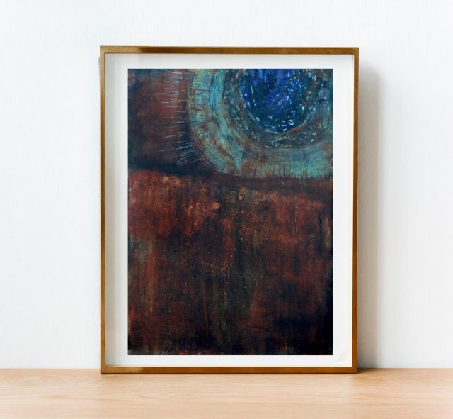 Obraz abstrakcyjny – akryl na papierze, rdzawy brąz i głęboki błękit