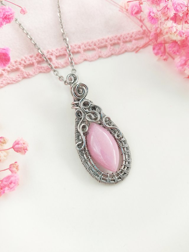 Naszyjnik Jadeit Różowy stal chirurgiczna wisiorek handmade wirewrapping